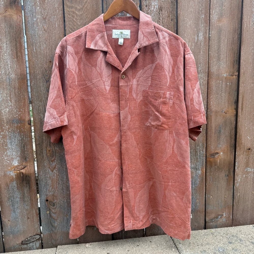 ISLAND Men's Silk Orange Floral Hawaiian Button Down Short Sleeve Shirt Large